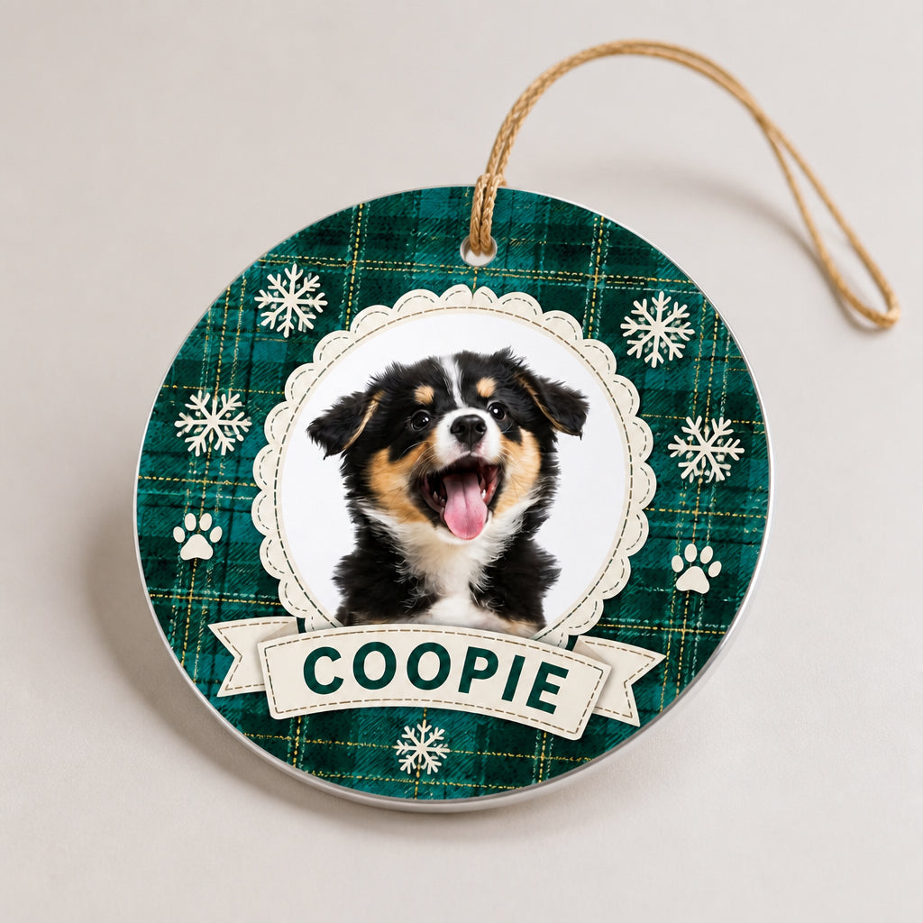 Round Plaid Pet Photo + Name Ornament - Personalized Aluminum Ornament 6015eb4f-80fe-4e08-9142-e2a5f730733d.jpg