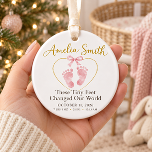 Personalized Baby Footprint Christmas Ornament, Custom Name & Birth Stats Keepsake, These Tiny Feet Changed Our World, New Parents Gift 6020db4a-78dc-4d2c-80c8-d60088c92ab4-Amelia-s-blush-footprint-keepsake-3.png
