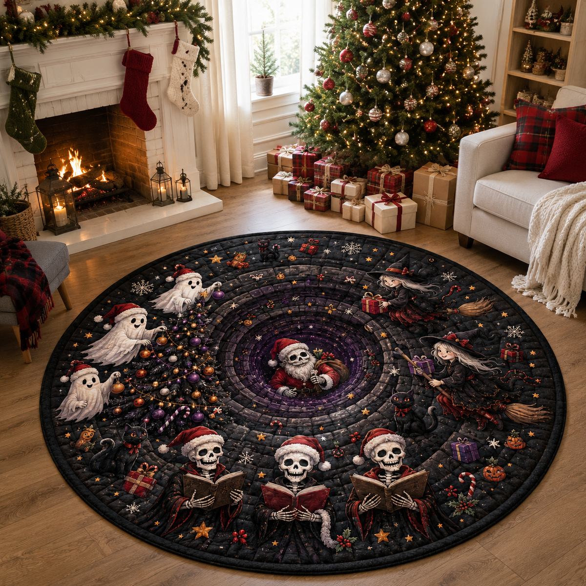 Creepy Christmas Round Area Rug, 3D Optical Illusion Vortex Mat, Spooky Holiday Skeleton Santa & Witch Floor Decor, Gothic Christmas Tree Rug 603c6a84-5d2f-4d40-996f-a59fba184721-2.png