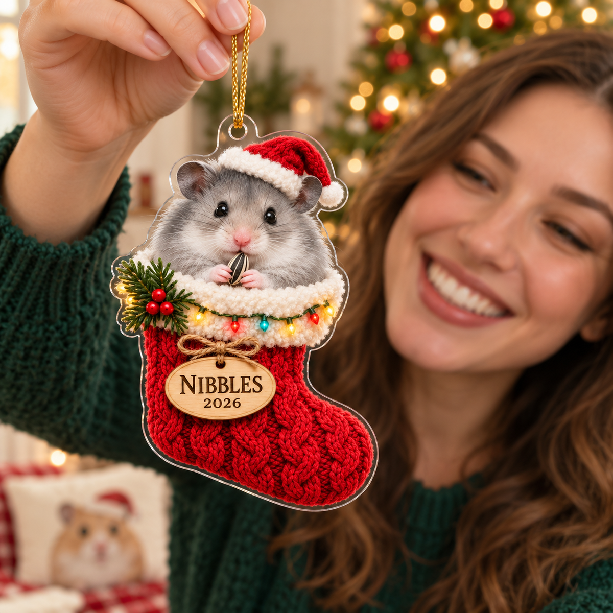 Personalized Hamster Christmas Ornament – Custom Name & Year, Hamster in Stocking Keepsake, Christmas Gift for Hamster Lovers 606872a9-a08d-4586-8d8c-ce0eed3bb9fa-Silver-gray-hamster-stocking-ornament-1.png