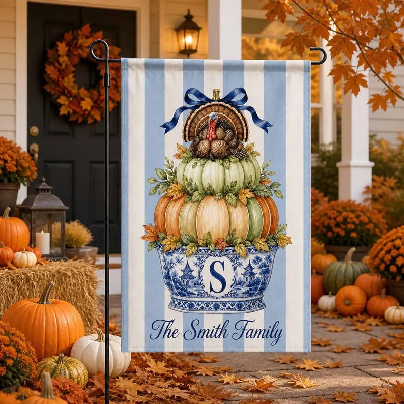 Custom Thanksgiving Chinoiserie Garden Flag: Monogram Pumpkin with Turkey 6094899a-0394-4971-838b-c8f1552370aa-ghghgh-4-.webp