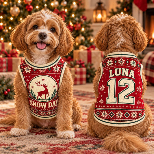 Snow Day Pet Jersey, Personalized Dog Name Number Shirt, Christmas Reindeer Pet Top, Holiday Sweater Style Outfit, Custom Dog Gift 60a4ffee-c887-4032-9cec-b2a618f95379-il_1588xN.8575863484_f4xl.jpg