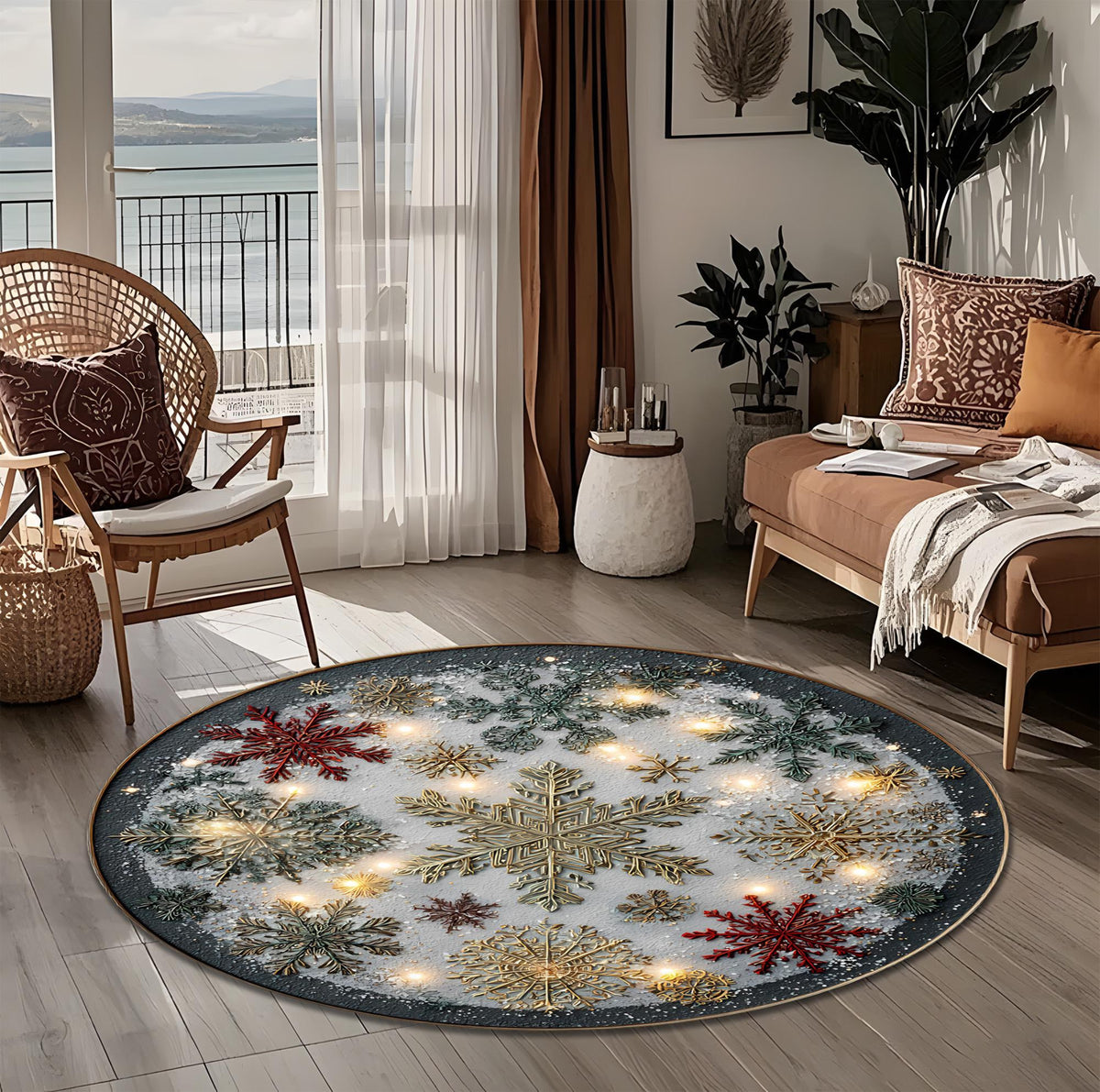 Round Christmas Snowflake Rug, Winter Holiday Carpet, Festive Living Room Decor, Cozy Xmas Floor Mat with Gold and Red Design 60a78206-dfd3-4e63-8482-da03dbcee036-4.jpg