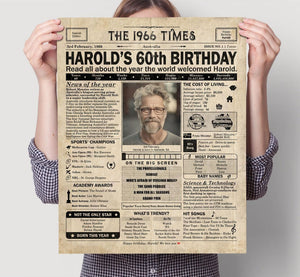 60th Birthday newspaper poster, Custom Poster Canvas 60th birthday party decor, Birthday poster containing news & highlights from 1965