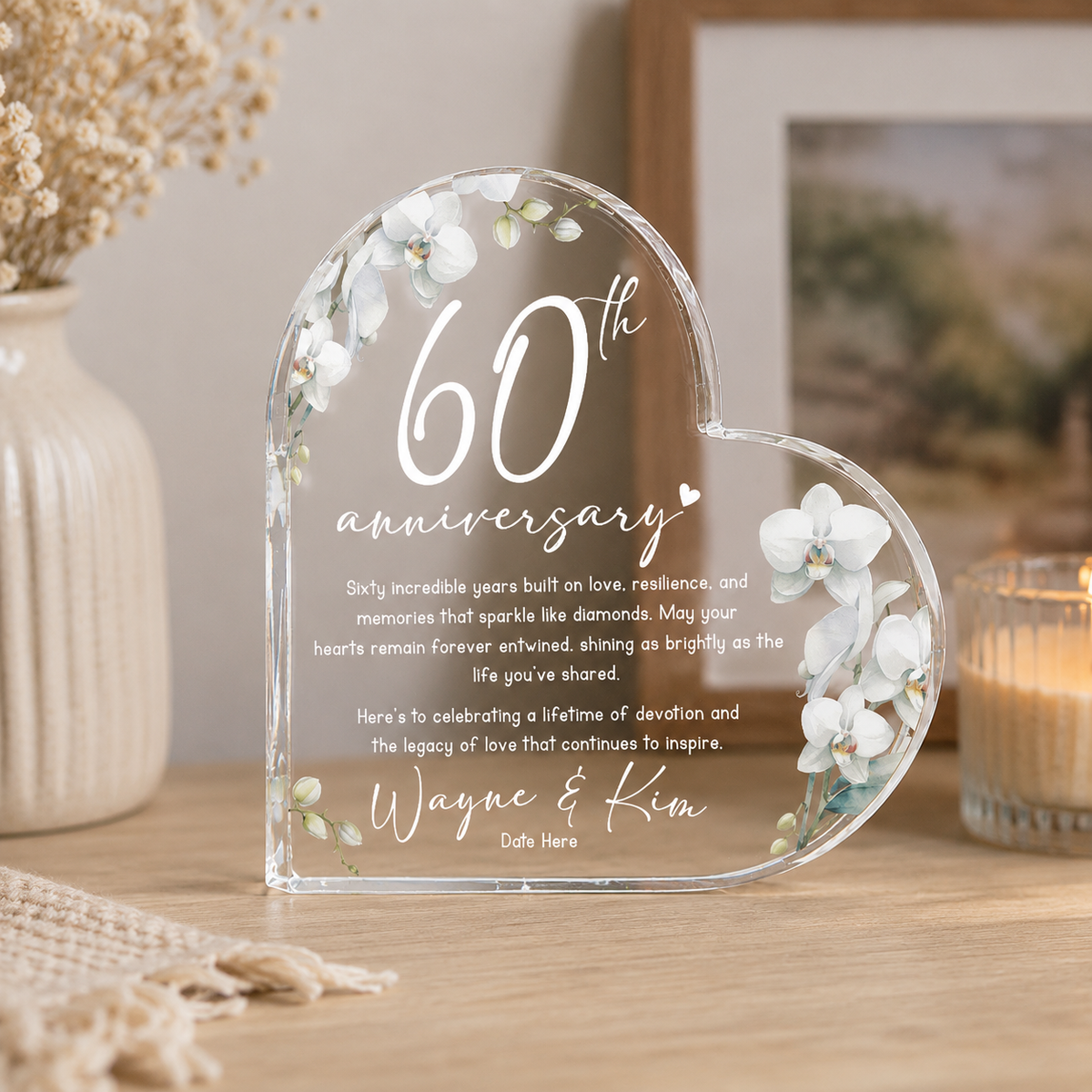 Custom 60th Anniversary Gift Personalized Diamond Anniversary Heart Acrylic Plaque - Romantic Couples Gift - 60 Years Married