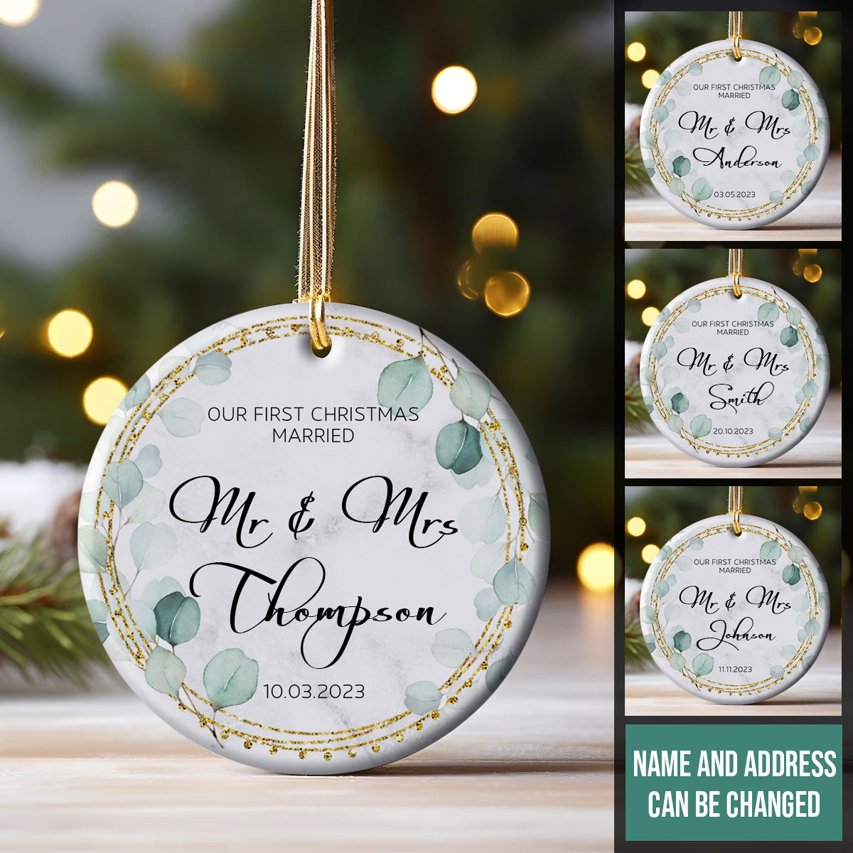 Our First Christmas Married Gold Leaves Frame - Personalized Ornament - Christmas Gift