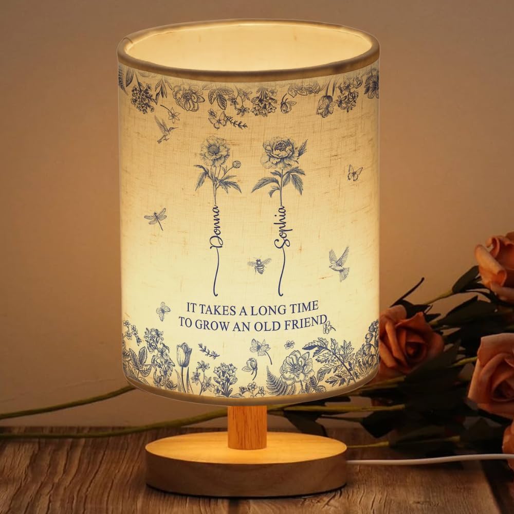 It Takes A Long Time To Grow An Old Friend - Custom Birth Flower Toile De Jouy - Personalized Fabric Lamp, Birth Flower Grow An Old Friend Bestie - Personalized Birth Months Flower Lamp Gifts