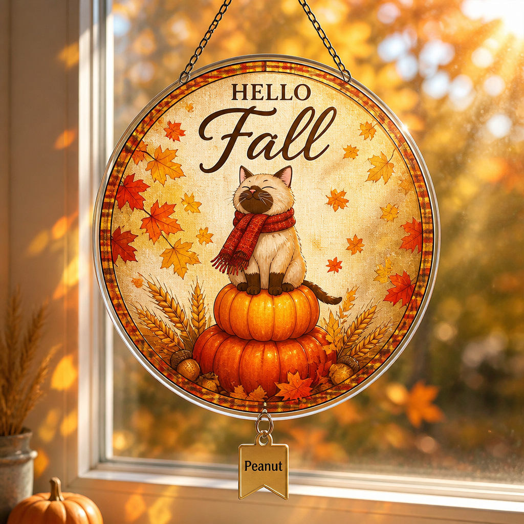 Hello Fall Cat Garden Flag — Personalized Pet Name - Personalized 1 Layered Suncatcher with Charm 610c46cb-0e49-468a-8388-65b5f7b2d5c9.png