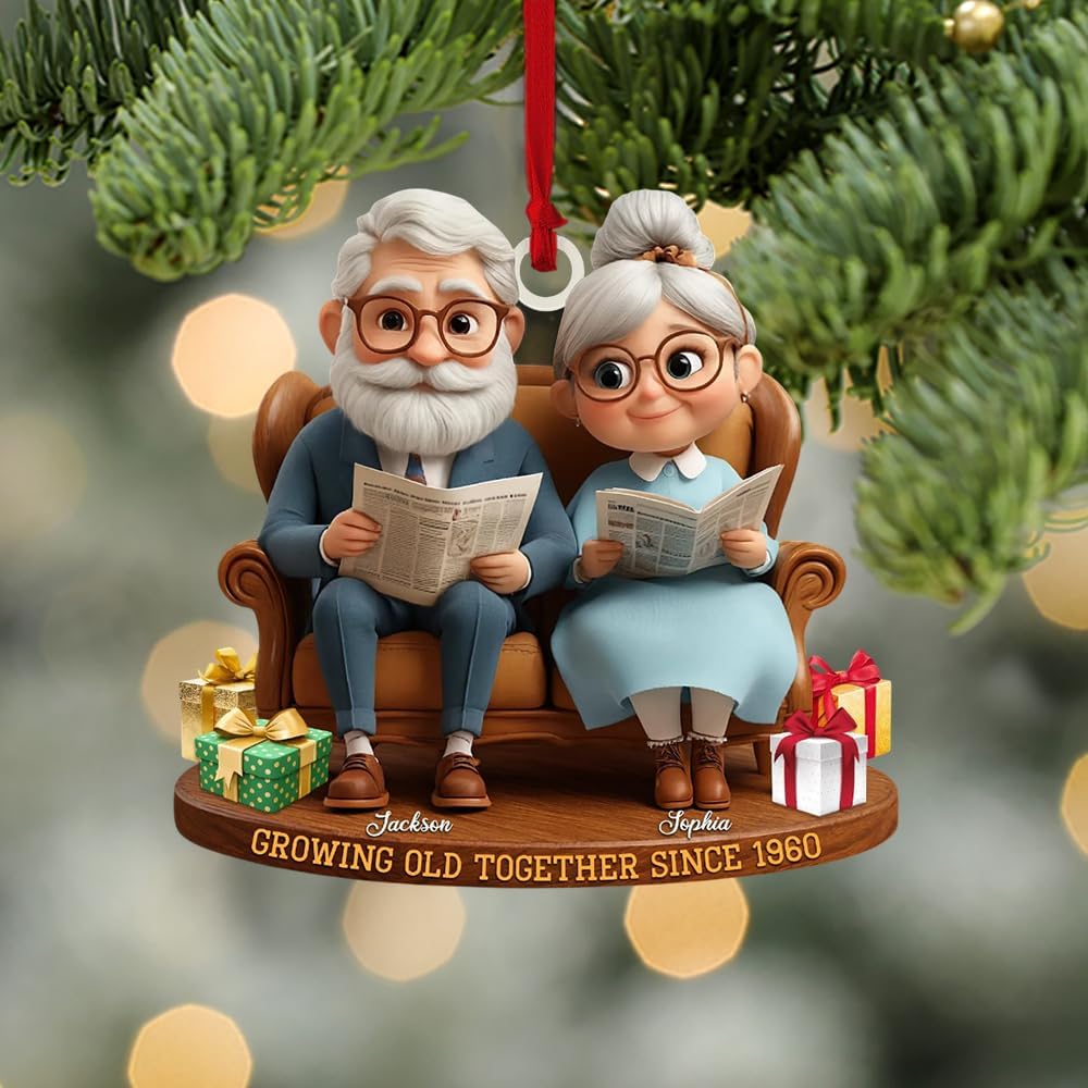 Growing Old Together Christmas Ornament, Personalized Couple Ornaments for Christmas Tree, 2D Acrylic Rocking Chairs, Sitting Together Vintage Gift for Grandma and Grandpa