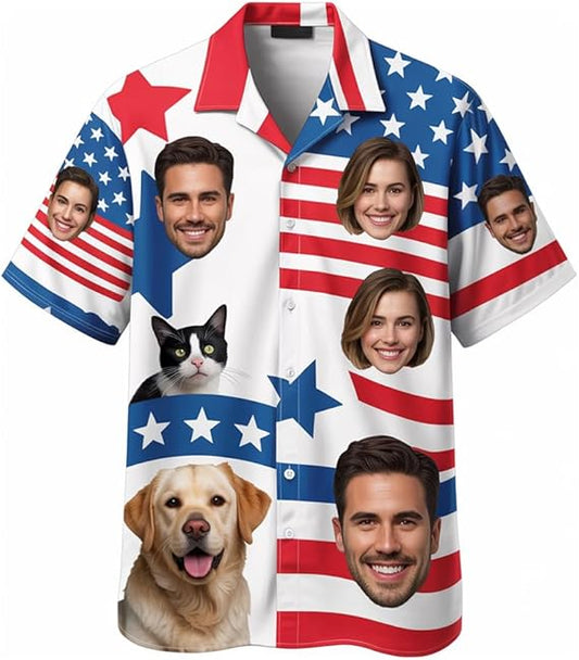 Custom Face Patriotic Short Sleeve Hawaiian Shirt, Personalized Photo Independence Day Hawaiian Shirt, Shirt for Men