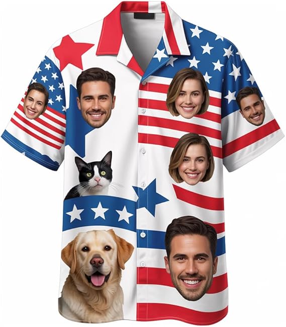 Custom Face Patriotic Short Sleeve Hawaiian Shirt, Personalized Photo Independence Day Hawaiian Shirt, Shirt for Men