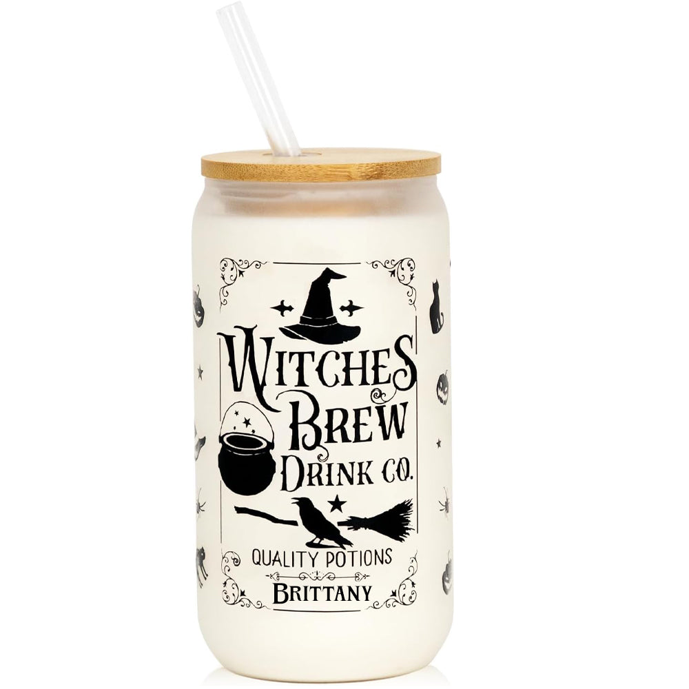 Halloween Glass Cup, Frosted Witch Iced Coffee Can Cup Tumbler with Lid and Straw, Witch Tumbler Beer Can Glass, Halloween Gifts Decorations
