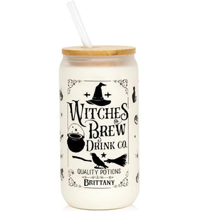 Halloween Glass Cup, Frosted Witch Iced Coffee Can Cup Tumbler with Lid and Straw, Witch Tumbler Beer Can Glass, Halloween Gifts Decorations
