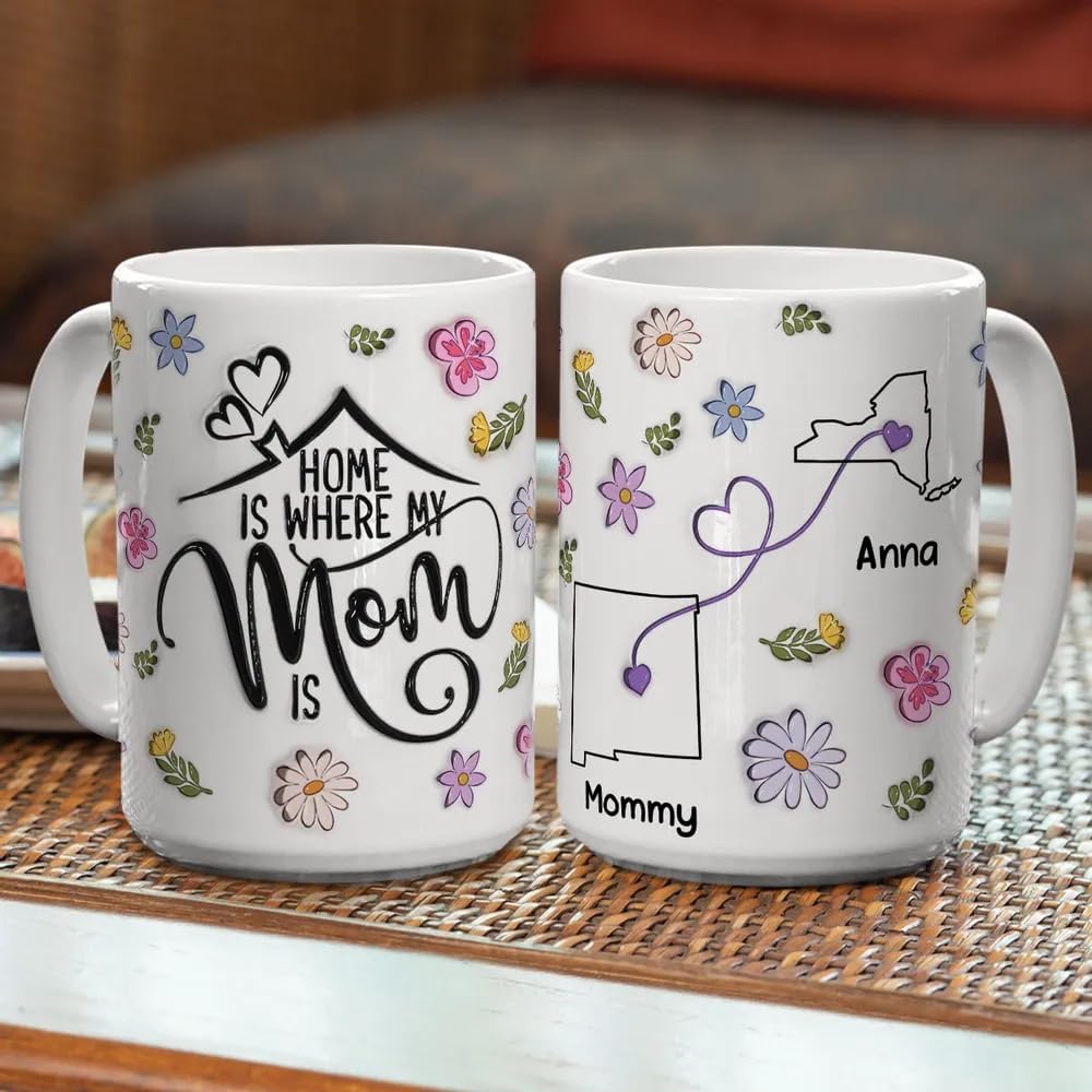 Personalized My Mom Is My Home Mug Custom 3D Inflated Effect Mug With Kids Name Gifts For Mom Mama Grandma Nana Gift From Daughter Son Mothers Day Gifts Long Distance Gift