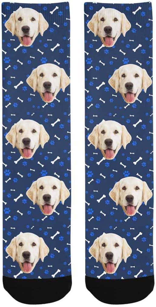 Custom Personalized Photo Pet Face Socks, Cat and Dog Tracks Paws Bones Crew Socks with Picture for Men Women