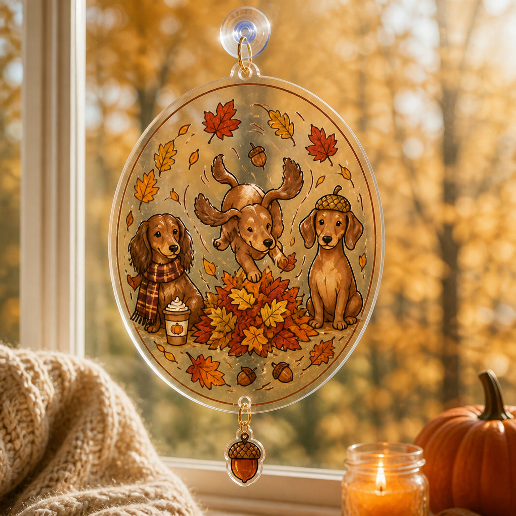 Autumn Dachshund Leaf Pile Tee - 1 Layered Suncatcher with Charm 613384af-aa54-41b3-b2bb-056afa0eadc1.jpg