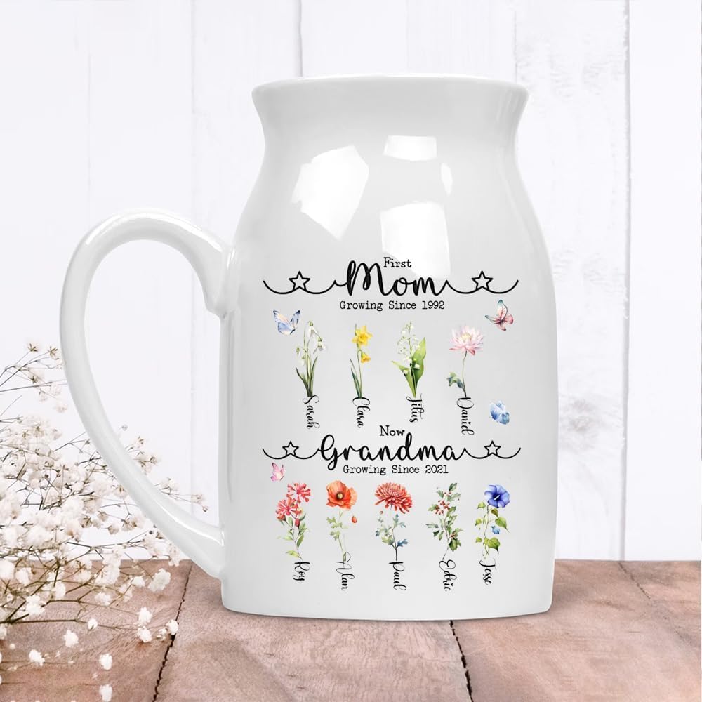 Personalized Grandmas Garden Flower Ceramic Vase, Custom Birth Month Flower Plant Vase,Grandma Gift for Mama, Nana, Mimi, Birthday, Mothers Day