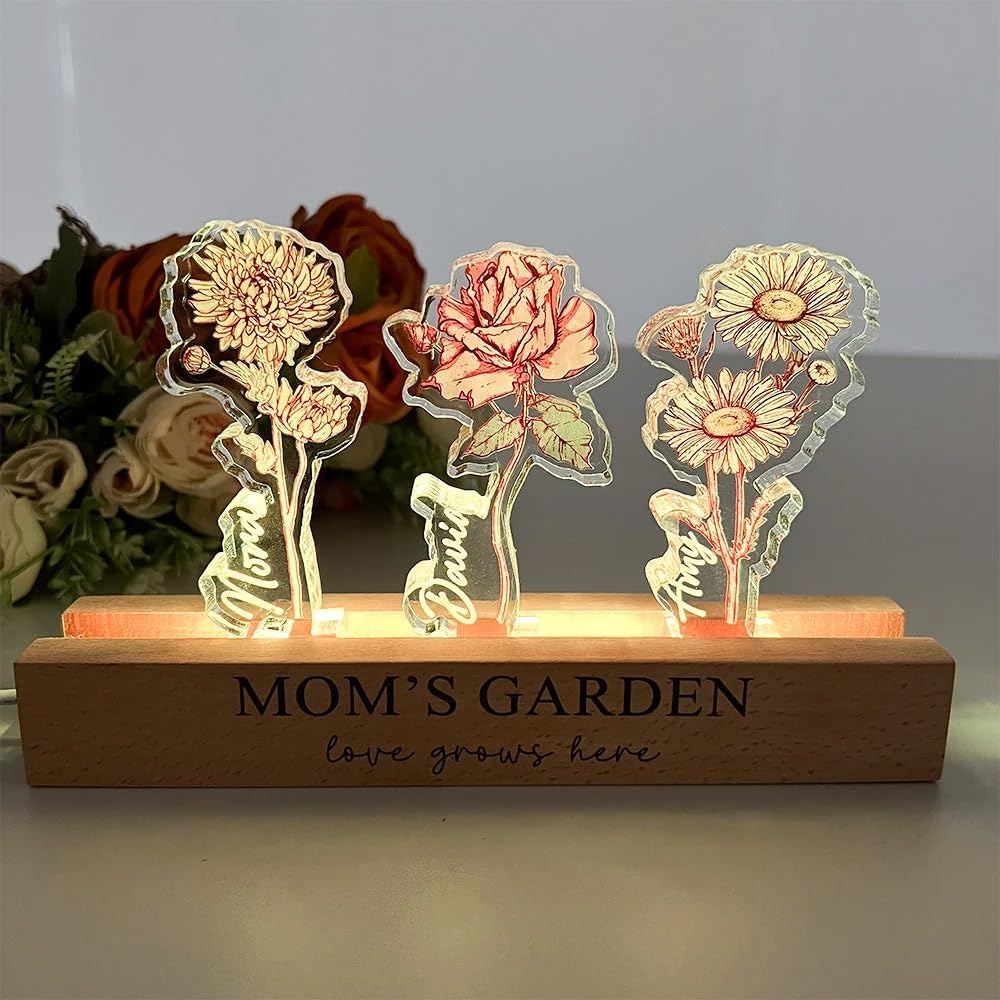 Custom Birth Flower Acrylic LED Light With Children's Names Mom's Garden Night Light Personalized Crystal Flower Display Wooden Base Birth Month Floral Decor Mother's Day Gift for Mom