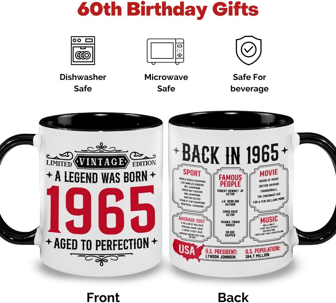 Vintage 1965 Mug - Ideas for 60th Birthday Gifts for Men Women, 60 Yea