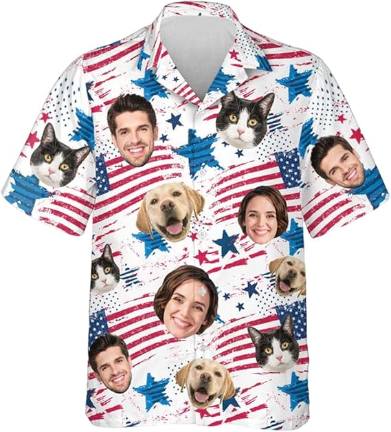 Personalized Hawaiian Shirt with Faces, Short Sleeve Tropical Floral Button, Down Beach Shirt for Men, Gift for Pet Lovers