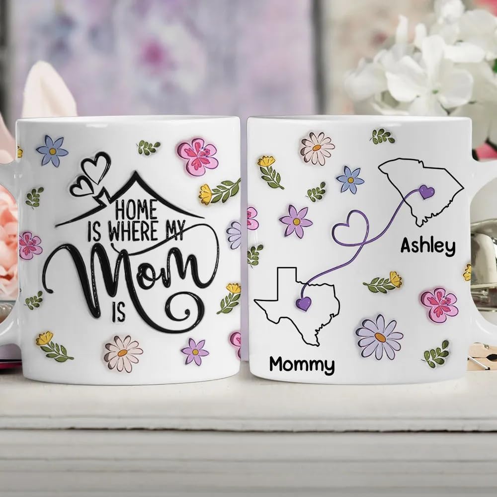 Personalized My Mom Is My Home Mug Custom 3D Inflated Effect Mug With Kids Name Gifts For Mom Mama Grandma Nana Gift From Daughter Son Mothers Day Gifts Long Distance Gift