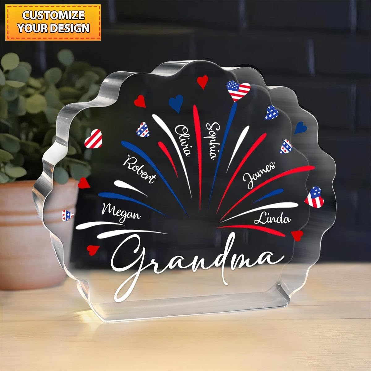 4th of July Independence Day - Personalized Grandma Mom Acrylic Plaque, Presents from Daughter Son Grateful Birthday Christmas Gifts