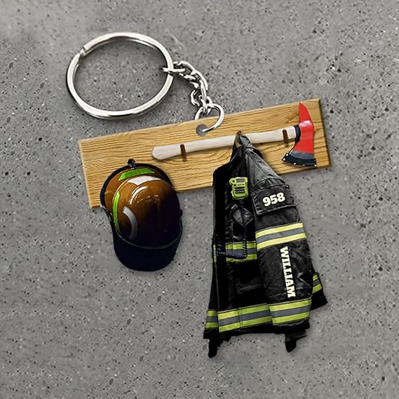 Personalized Firefighter With Helmet Keychain Custom Firefighter Gifts for Men Acrylic Keychain with Iamge Name Number
