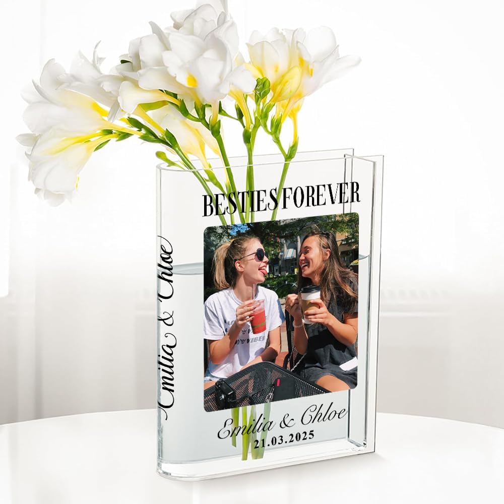 Personalized Acrylic Book Shaped Flower Holder Custom Name & Photo Gift for Bestie Birthday Cute Clear Acrylic Decoration for Friends, Girls, Desk, Dorm or Room Display