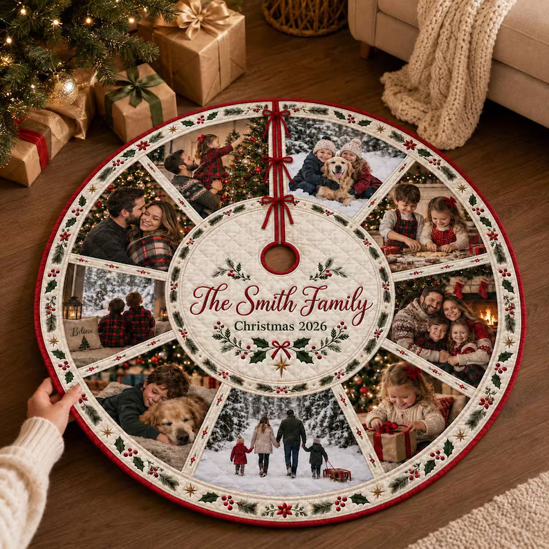 Personalized Photo Quilted Christmas Tree Skirt: Custom Family Name, Picture Collage Decor, Family Gift 61788c0c-c0a8-437c-9d3f-b54963285c0b-t3.png