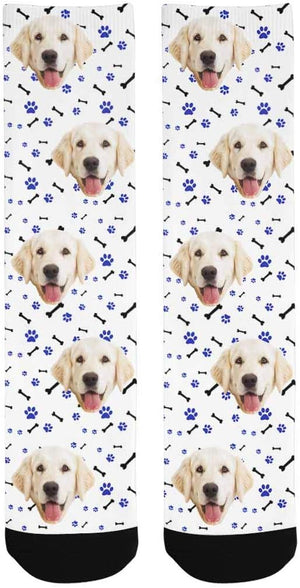 Custom Personalized Photo Pet Face Socks, Cat and Dog Tracks Paws Bones Crew Socks with Picture for Men Women