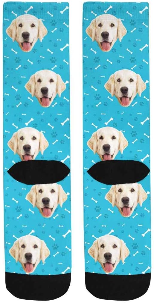 Custom Personalized Photo Pet Face Socks, Cat and Dog Tracks Paws Bones Crew Socks with Picture for Men Women
