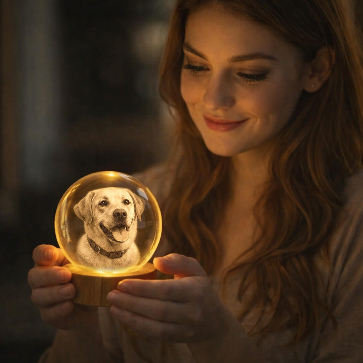Personalized 3D Photo Crystal Ball, Custom Engraved Picture Lamp with Wood Base, Night Light for Dog Lovers, Dog Memorial Gifts, Loss of Pet Sympathy Gift Night Light, Custom Photo Portrait