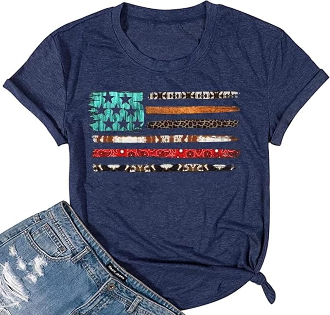 4th of July Shirts Women American Flag Patriotic T-Shirts USA Star Stripes Graphic Tee Tops