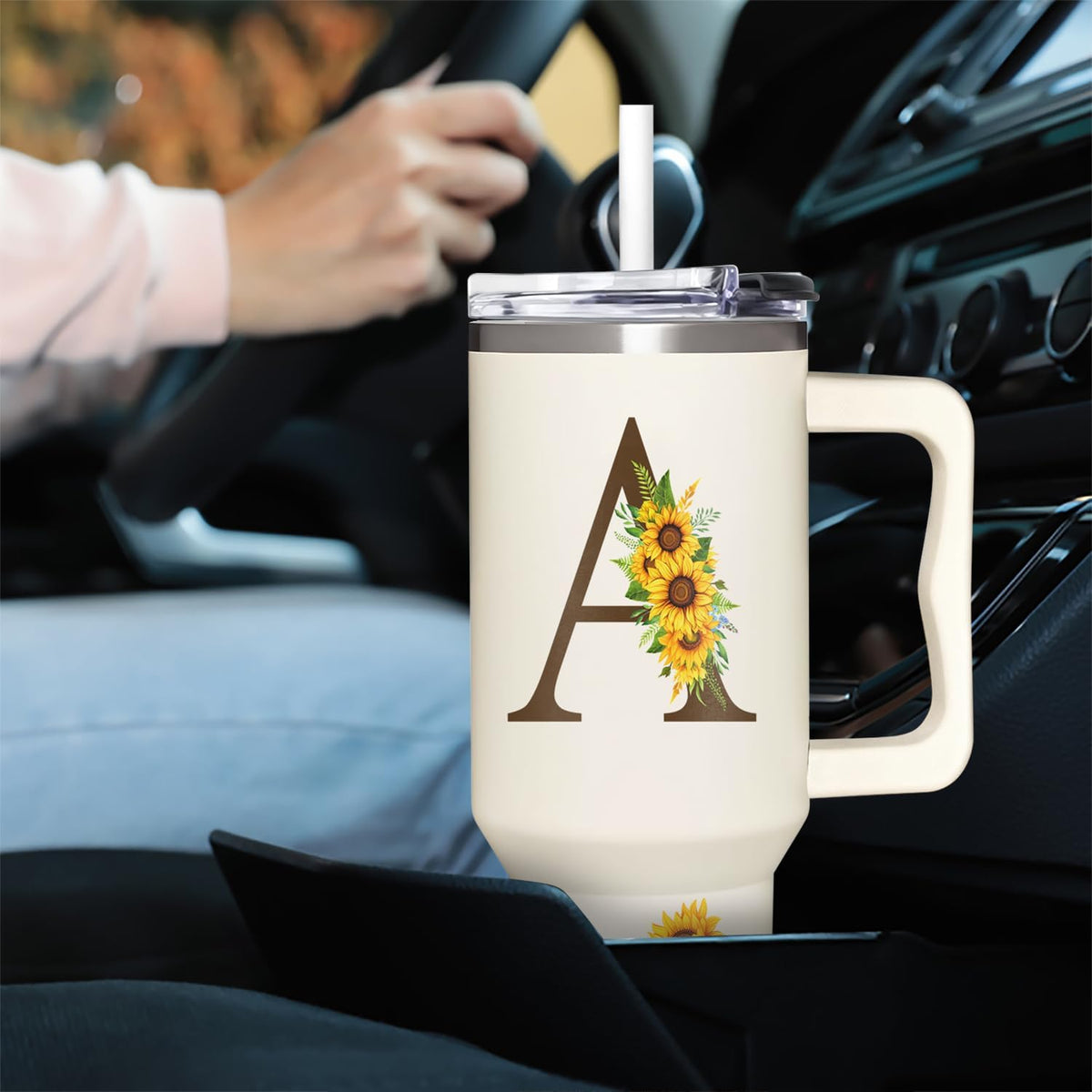 Personalized Birthday Gifts For Women - Sunflowers Monogrammed Cup For Boss Day, Christmas - Customized Gifts For Women, Mom, Wife, Coworkers, Boss Lady, Her - Custom Tumbler With Handle