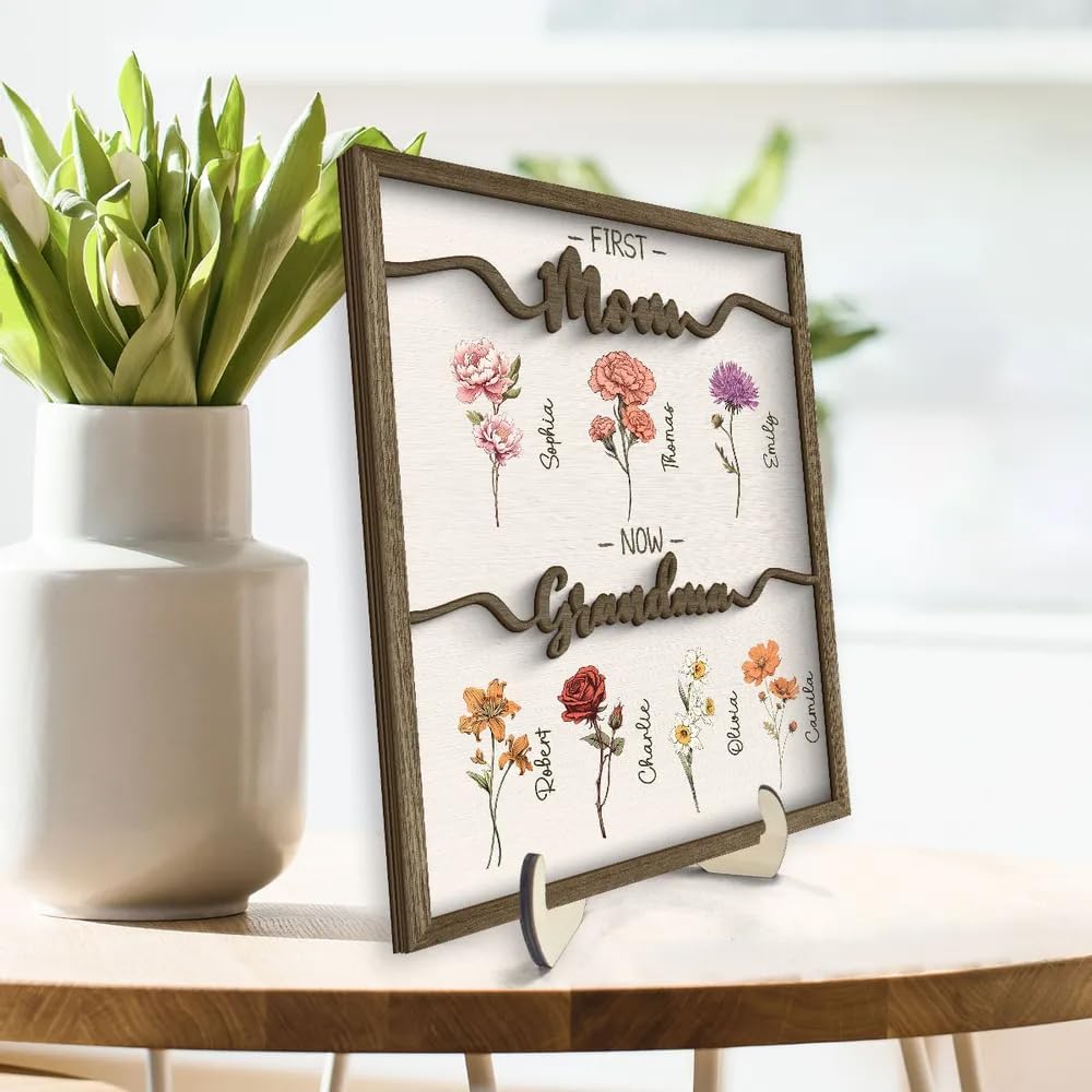 Personalized Birth Month Flower Wood Plaque with Stand, Custom Grandma Gift from Grandkids, Mother's Day, Birthday, Christmas, Family Keepsake, Home D cor Gifts for Gigi Nana GreatGrandma