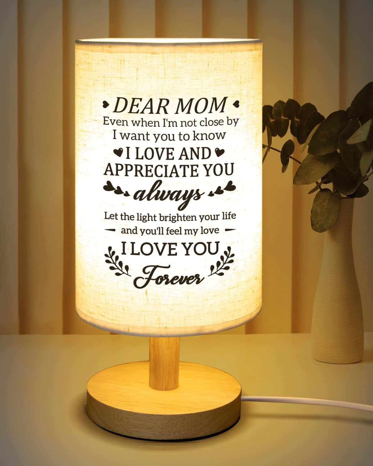 Gifts for Mom from Daughter Son, Mom Gifts for Birthday Fabric Lamp, Birthday Gifts for Mother Table Lamp with Wooden Stand