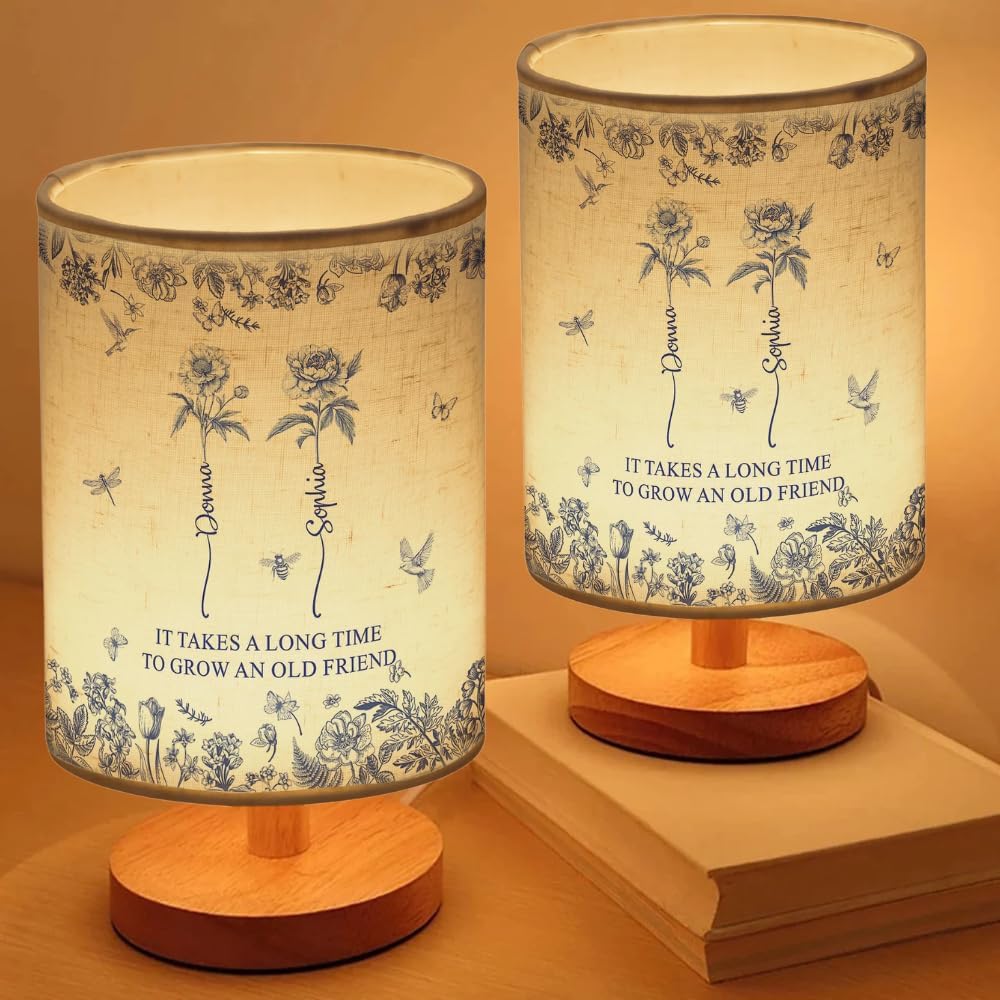 It Takes A Long Time To Grow An Old Friend - Custom Birth Flower Toile De Jouy - Personalized Fabric Lamp, Birth Flower Grow An Old Friend Bestie - Personalized Birth Months Flower Lamp Gifts