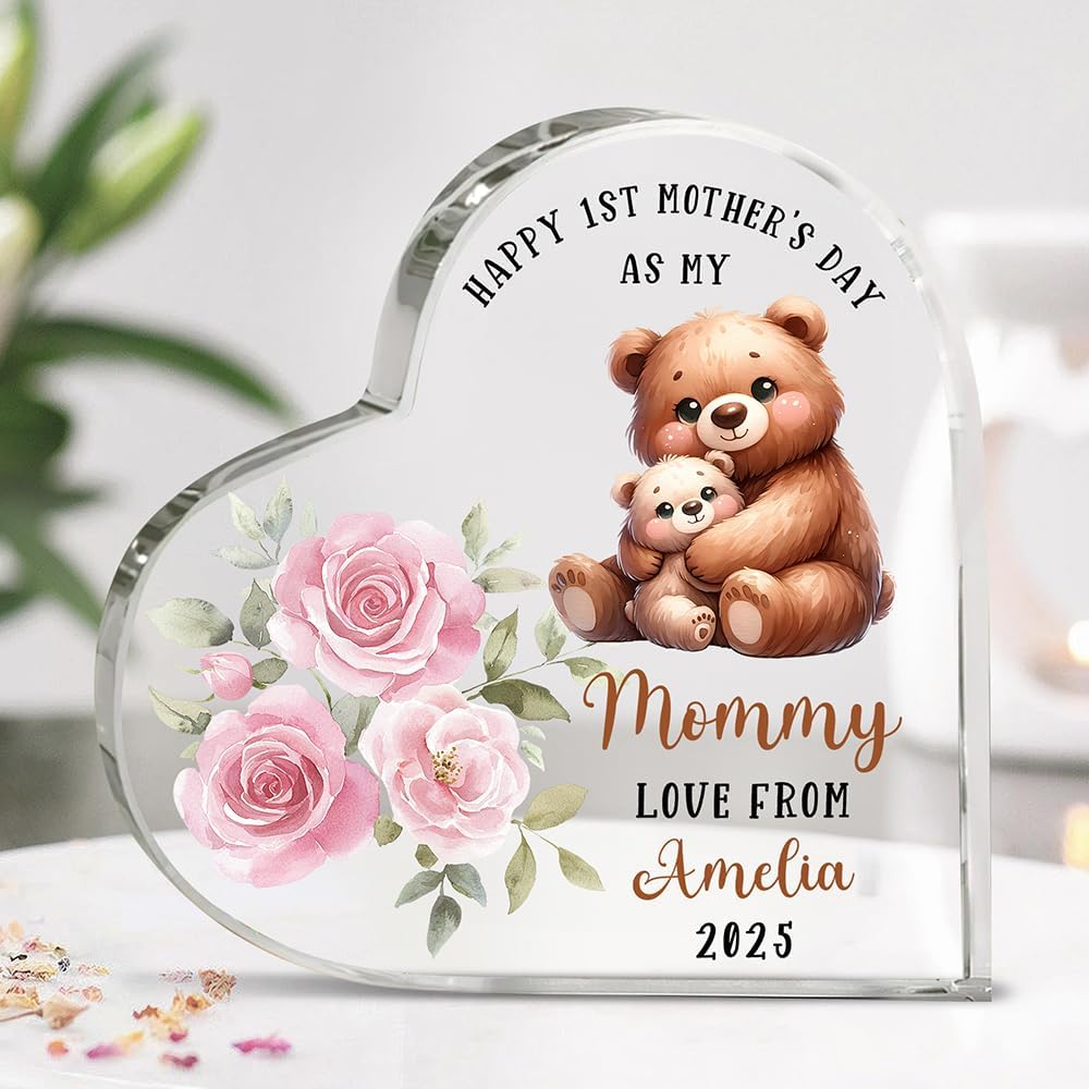 Personalized Heart Shape Acrylic Plaque | Custom Mom & Kid Names Cute Animal Design Desk Decor | 1st Mother's Day Birthday Gift