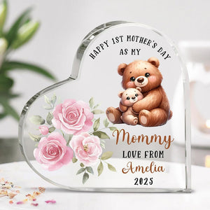 Personalized Heart Shape Acrylic Plaque | Custom Mom & Kid Names Cute Animal Design Desk Decor | 1st Mother's Day Birthday Gift