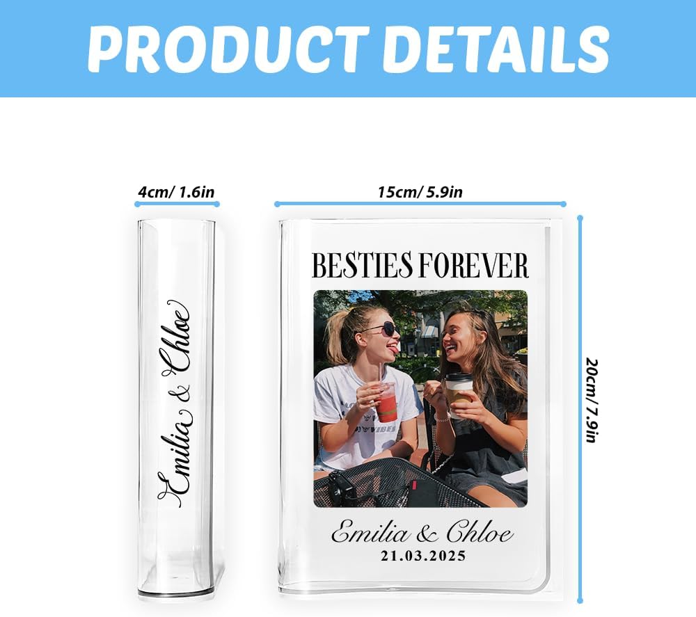Personalized Acrylic Book Shaped Flower Holder Custom Name & Photo Gift for Bestie Birthday Cute Clear Acrylic Decoration for Friends, Girls, Desk, Dorm or Room Display