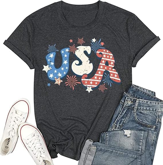 4th of July Shirts Women American Flag Patriotic T-Shirts USA Star Stripes Graphic Tee Tops