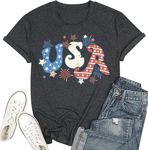 4th of July Shirts Women American Flag Patriotic T-Shirts USA Star Stripes Graphic Tee Tops