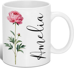 Custom Coffee Mug with Birth Flower & Name - Ceramic Personalized Coffee Cup for Women, Pretty Floral Tea Mugs Gift for Mom Wife Grandma Daughter Sister Coworker Best Friend Birthday