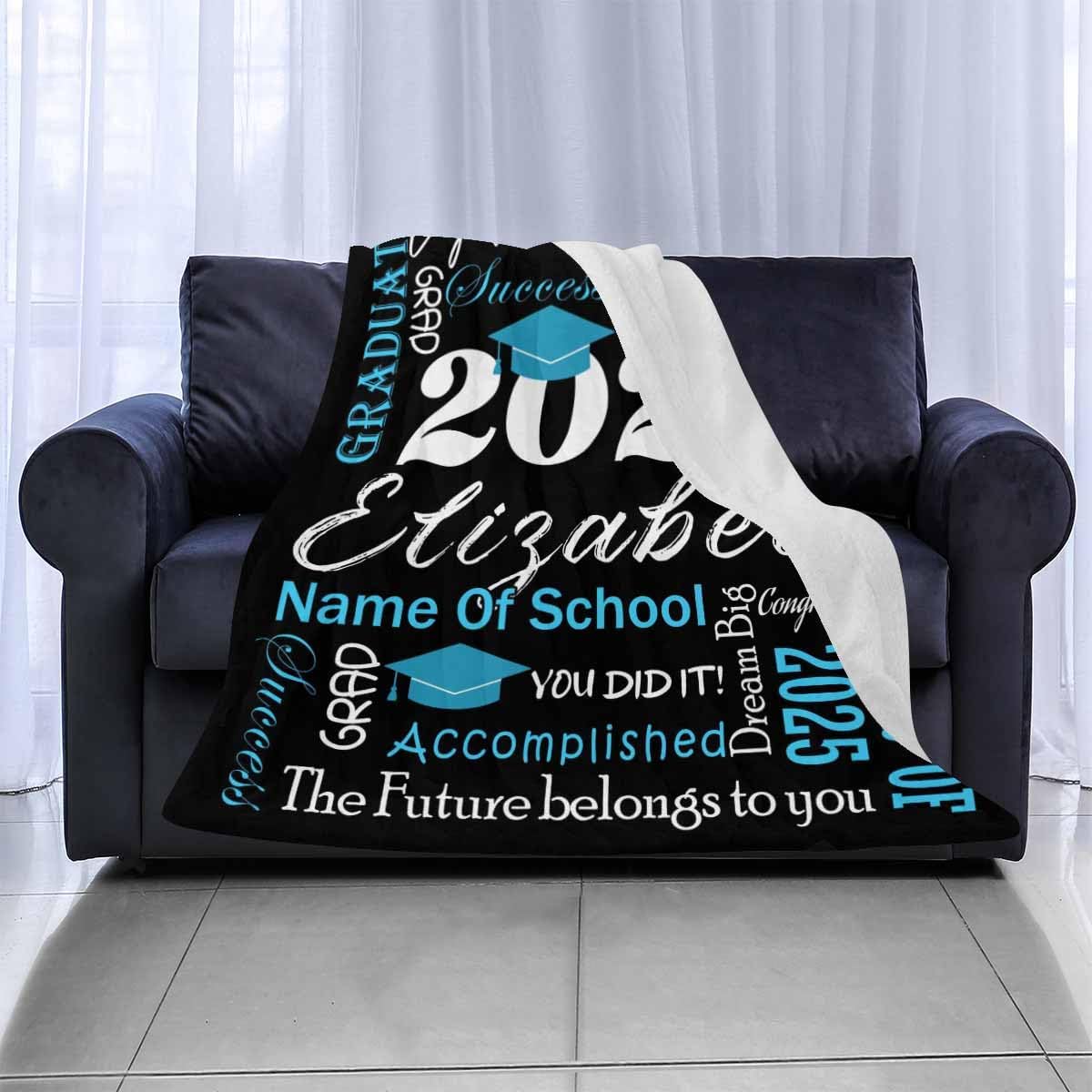 Personalized Graduation Gifts Blanket with Name School, Custom Class of 2025 Graduation Blankets 2025 Grad Throw Customized Blanket for High School College Graduation Party Gifts