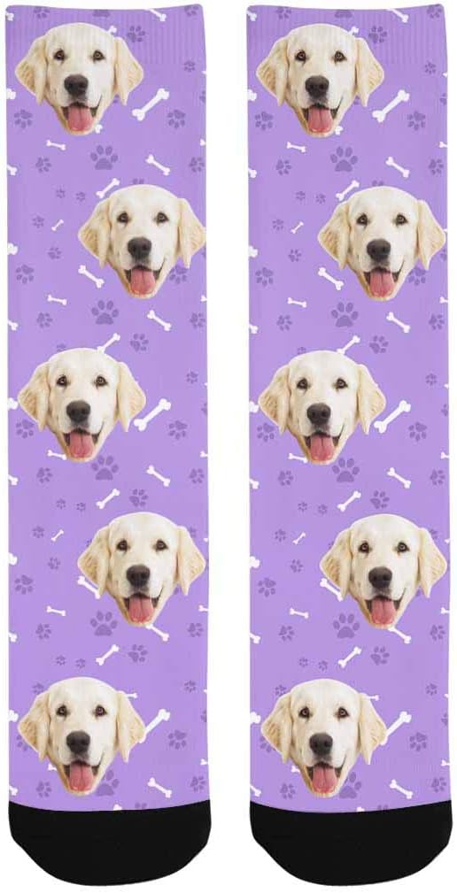 Custom Personalized Photo Pet Face Socks, Cat and Dog Tracks Paws Bones Crew Socks with Picture for Men Women