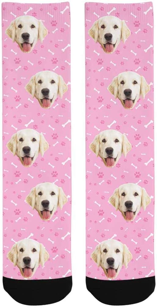 Custom Personalized Photo Pet Face Socks, Cat and Dog Tracks Paws Bones Crew Socks with Picture for Men Women
