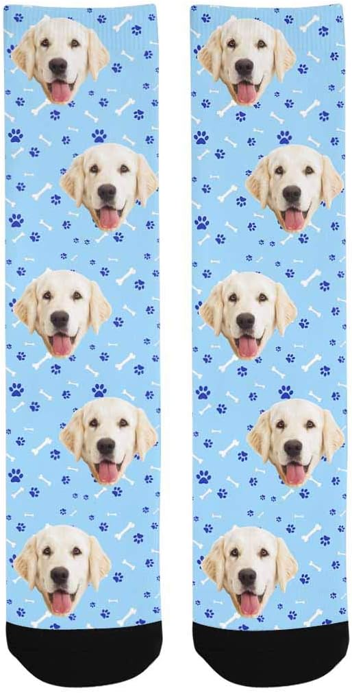 Custom Personalized Photo Pet Face Socks, Cat and Dog Tracks Paws Bones Crew Socks with Picture for Men Women