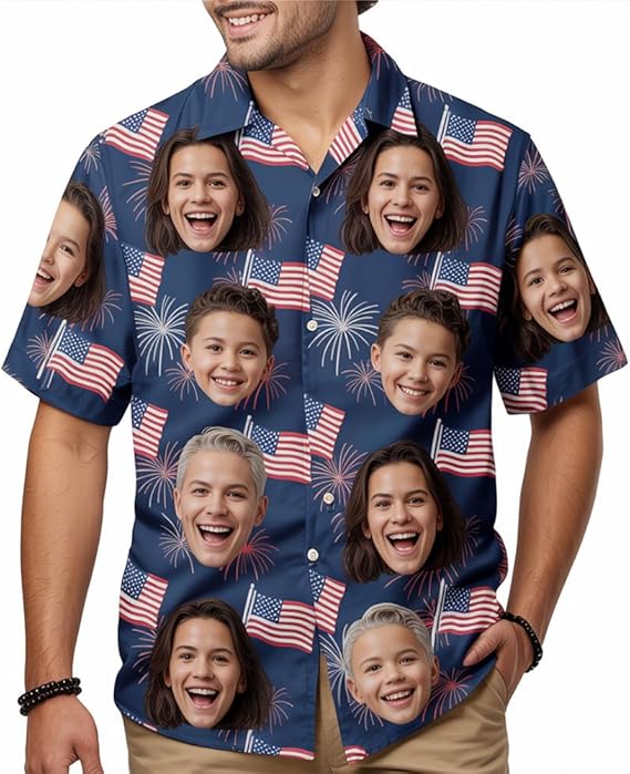 Custom Face Patriotic Short Sleeve Hawaiian Shirt, Personalized Photo Independence Day Hawaiian Shirt, Shirt for Men