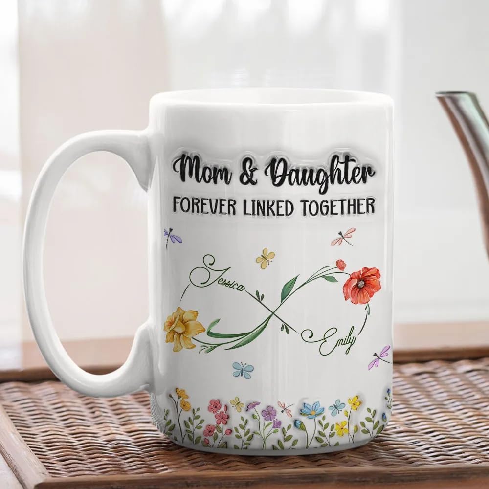 Mothers Day Mug Mom And Daughter Forever Linked Together Coffee Cup Personalized 3d Inflated Effect Printed Mug With Kids Name Gifts For Mom Mama Grandma Nana Gift From Daughter Son