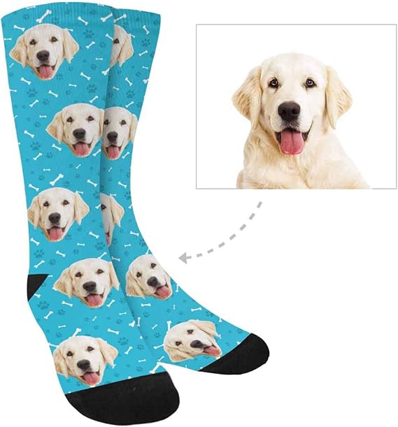 Custom Personalized Photo Pet Face Socks, Cat and Dog Tracks Paws Bones Crew Socks with Picture for Men Women